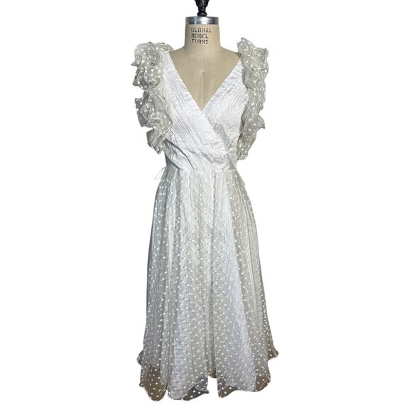 Vintage 80s Lace Polka Dot & Ruffle Party Dres in White Size Medium - Picture 1 of 8
